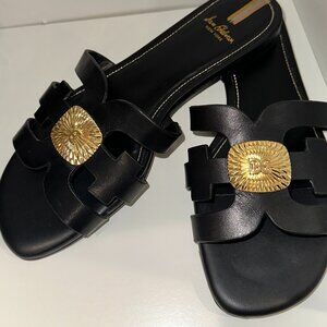 Sam Edelman Bay Radiant Slides with Leather Black Gold (Icons Collection)